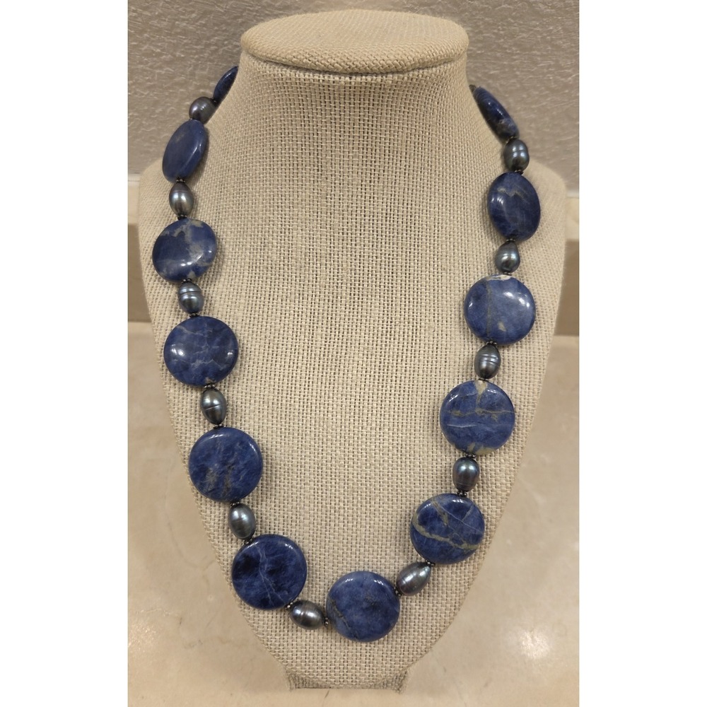 Chunky Sodalite, Pearl, Sterling Silver Donna Dressler Necklace 19.5-22.5"
